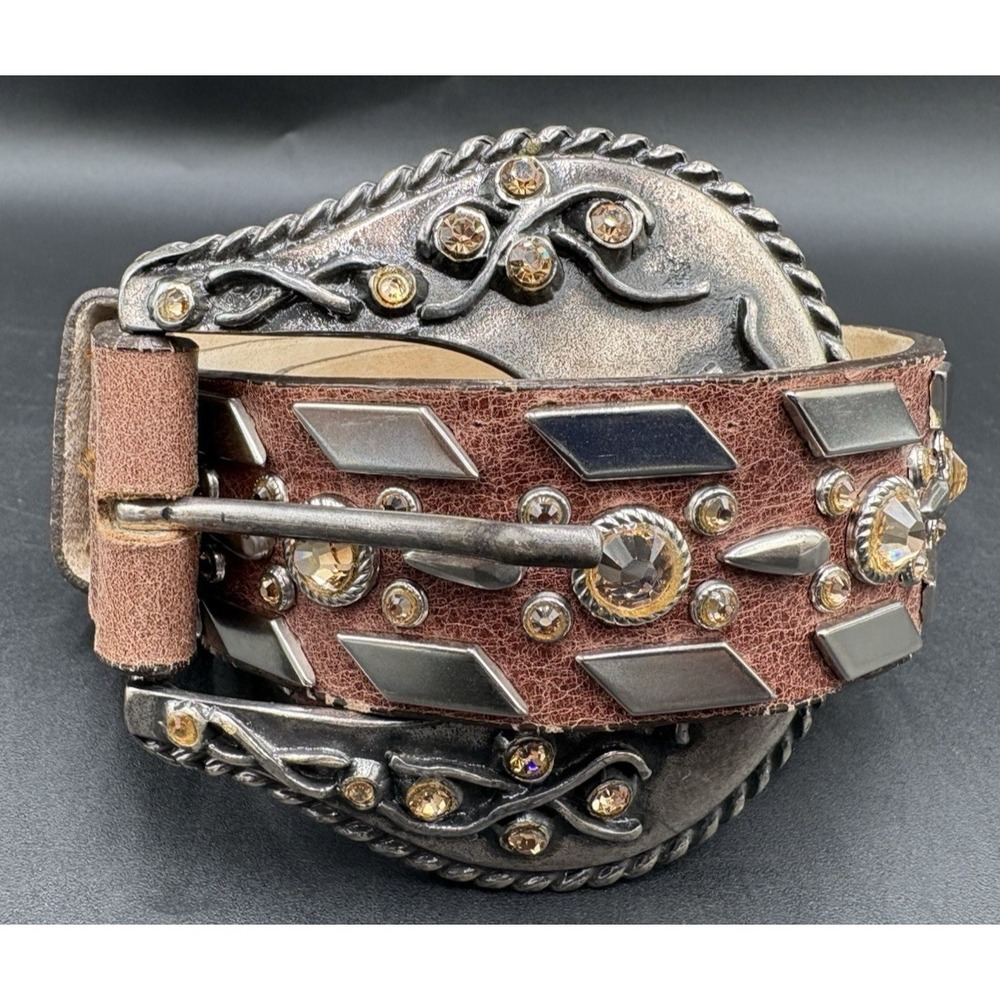 Vtg Street Ahead Woman's Belt Brown Leather Rhinestone Small BOHO Made Italy